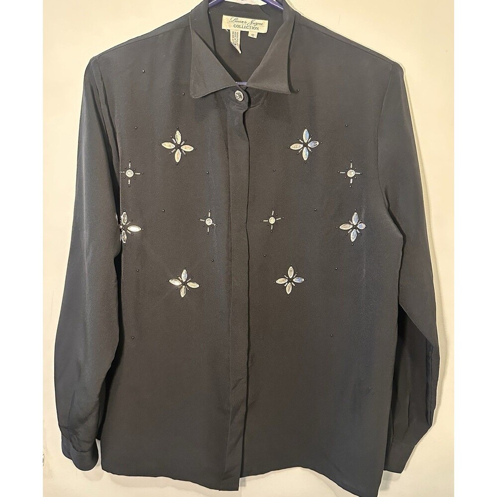 Laura & Jayne Collection Black Beaded Rhinestone Blouse Long Sleeve Size 12
